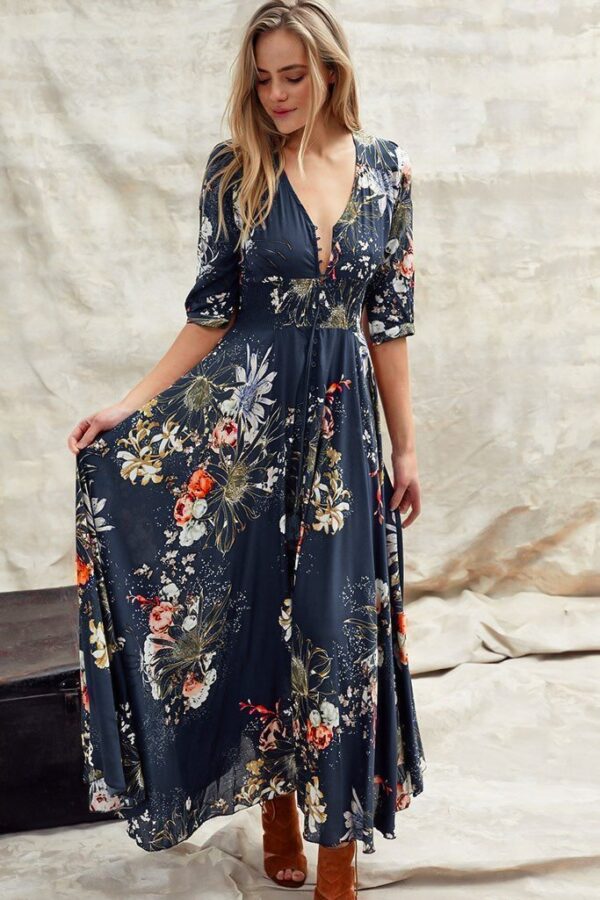 JAASE – Indiana Maxi Dress: Lace Back Shirred Waist A Line Dress with Handkerchief Hemline in Indigo Print