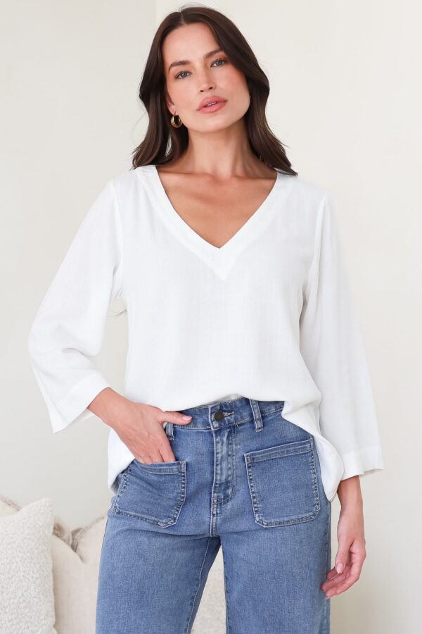 Breezer Top - Long Sleeve V Neck Pull Over Top with High Low Hemline in White