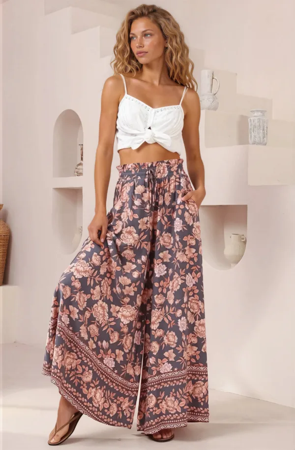 Charli Pants - Paper Bag High Waisted Wide Leg Pants in Leandra Print