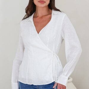 Daley Top – Wing Collar V Neck Wrap at the Waist Linen Top in White