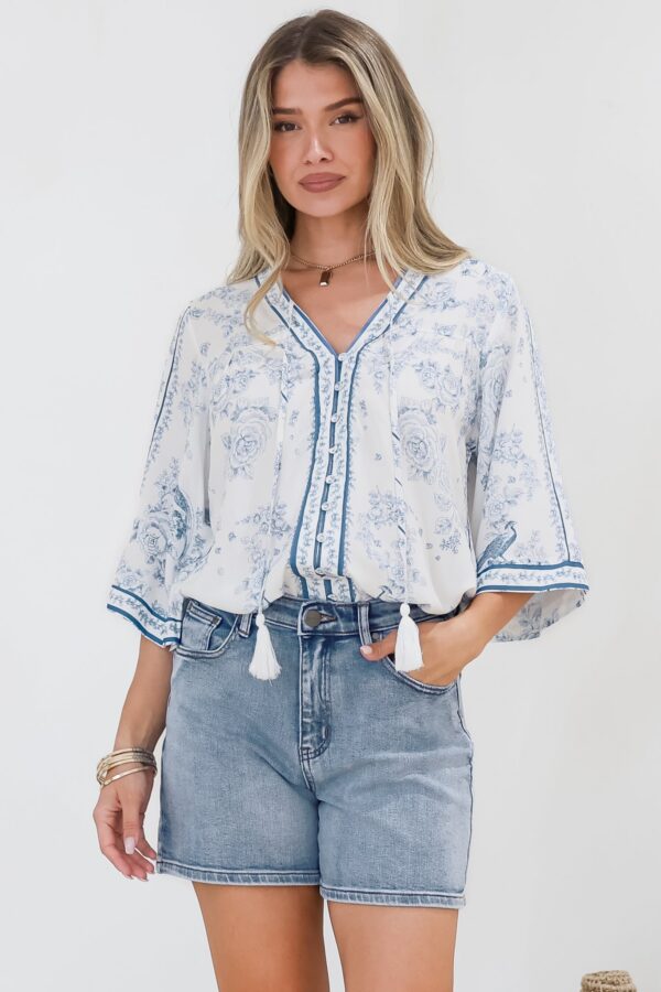 Elysia Blouse - Deep V Neck Button Down 3/4 Sleeve Top in Josie Print