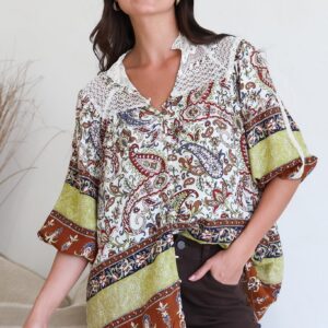 JAASE – Florence Blouse: Lace Detailed Button Down Relaxed Blouse in Oakie Print
