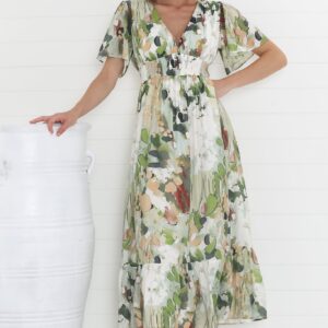 Glades Maxi Dress – V Neck Shirred Waist A Line Dress in Kamara Print Green
