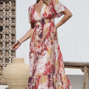 Glades Maxi Dress – V Neck Shirred Waist A Line Dress in Kamara Print Red