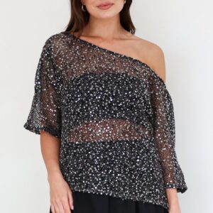 Janina Top – Off Shoulder Asymmetric Relaxed Sequin Mesh Top in Black
