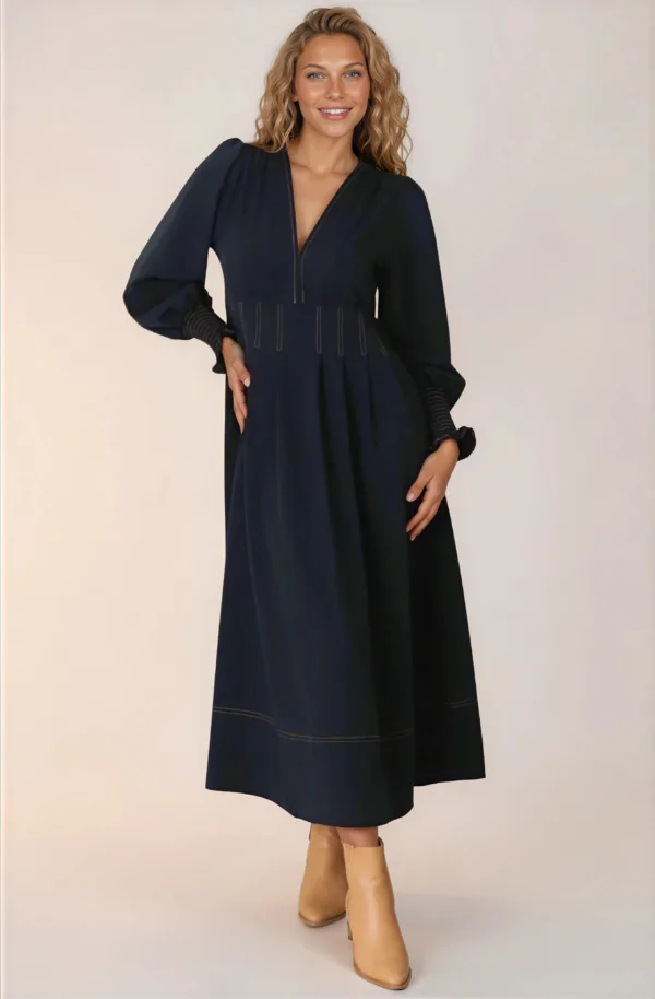 Karey Midi Dress - Fit and Flare Contrast Stitching Dress in Dark Denim