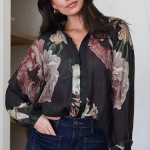 Kyla Blouse – Collared Button Down with Long Balloon Sleeves in Mika Print