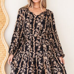 Lianda Mini Dress – Soft V Neck Pull Over Shift Dress with Neck Tie & Matching Belt in Helio Print