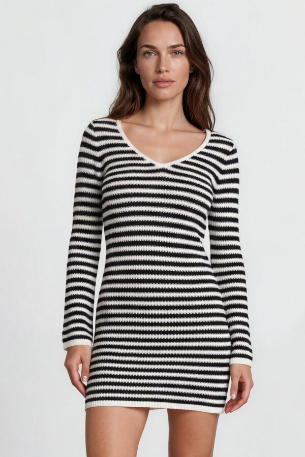 Marza Mini Dress - Long Sleeve Knit Dress with Open Back Detail with Tie Closure in Black/White