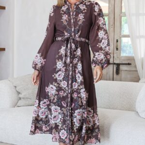 Moreana Midi Dress – Mandarin Collar Button Down Long Sleeves with Belt in Fontana Print Brown