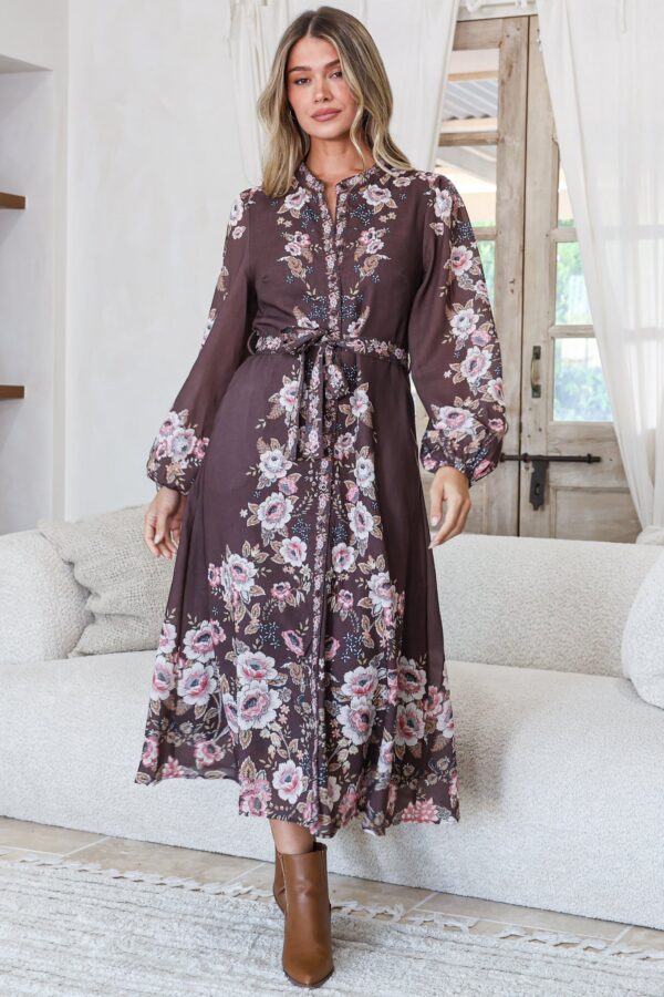 Moreana Midi Dress - Mandarin Collar Button Down Long Sleeves with Belt in Fontana Print Brown