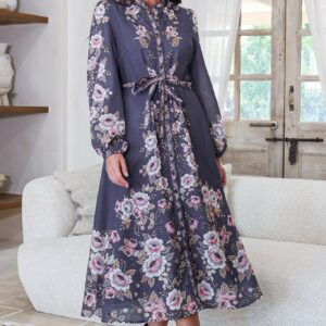Moreana Midi Dress – Mandarin Collar Button Down Long Sleeve Dress with Belt in Fontana Print Grey