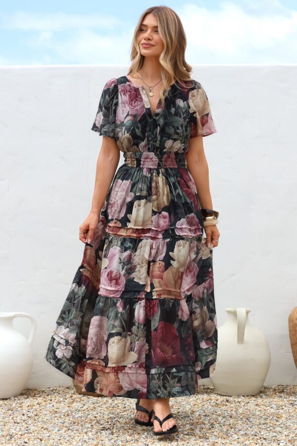 Payton Maxi Dress - Pleat Detailed A-Line Dress with Cap Flutter Sleeves in Annalisa Print