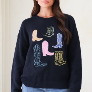 Shelby Jumper – Cowgirl Boot Graphic Long Sleeve Knit in Navy