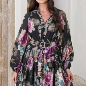 Solange Mini Dress – High Collar Front Button Placket Tiered Dress with Belt in Scandalous Print