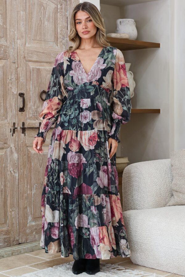 Trina Maxi Dress - Deep V Neck Tiered A-Line Dress with Balloon Sleeves in Annalisa Print