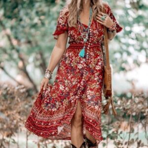 London Maxi Dress – Elasticated Waist Button Detail High Low Dress with Flutter Cap Sleeves in Floral Print