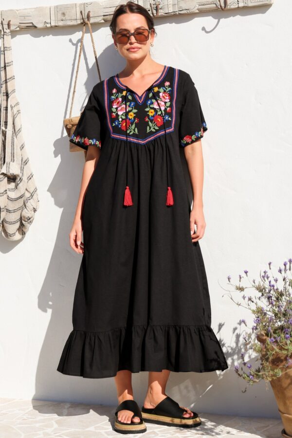 Azalea 1/2 Sleeve Midi Dress - Floral Embroidered Motif Shift Dress in Black