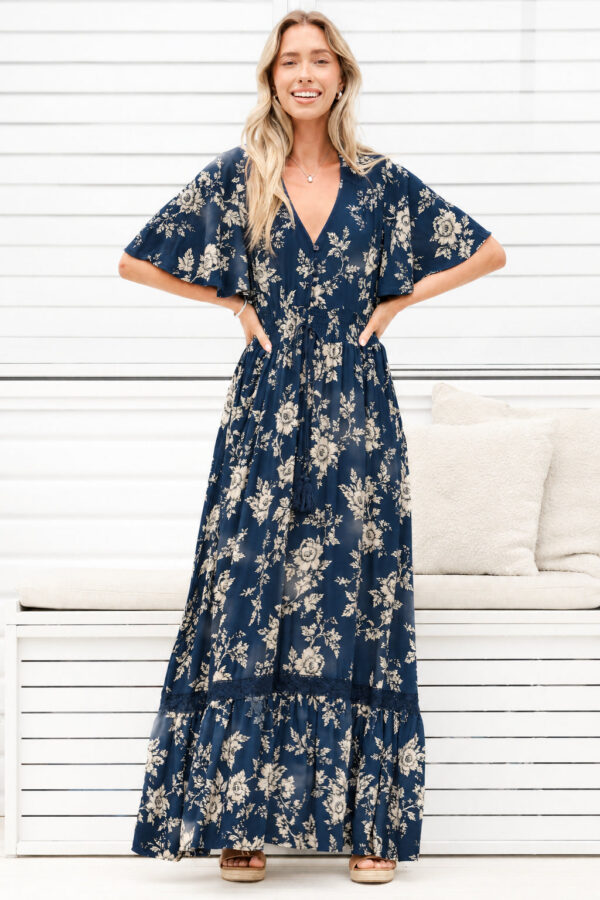 Balenca Maxi Dress - V Beck A Line Dress with Flutter Sleeves & Lace Inserts in Salvia Print Navy