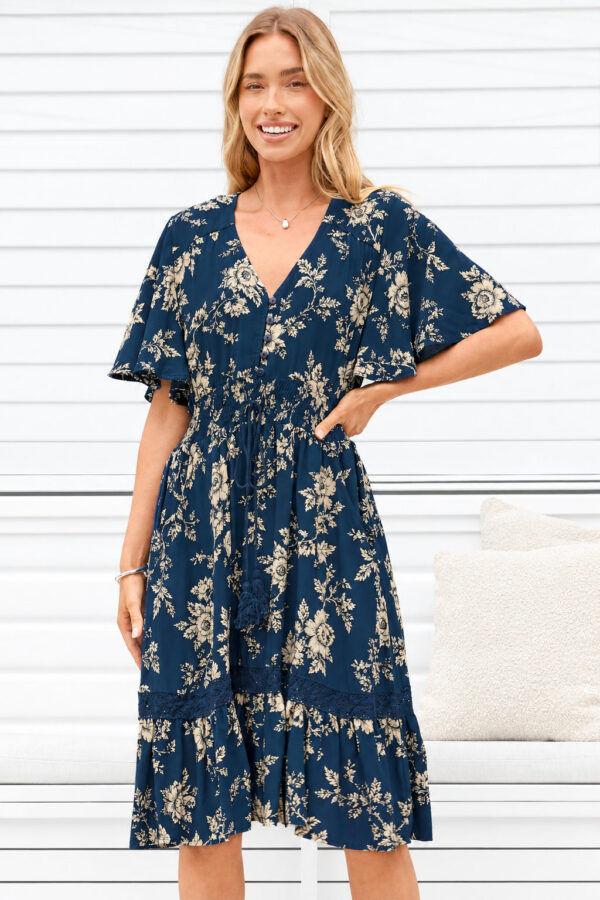 Balenca Mini Dress - V Neck Lace Insert A Line Dress with Flutter Sleeves in Salvia Print Navy