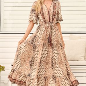 Ellise Maxi Dress – Crochet Trim V Neck Dress with Cap Sleeves in Boba Print