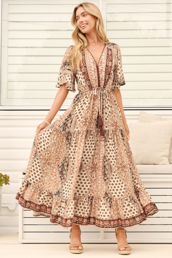 Ellise Maxi Dress - Crochet Trim V Neck Dress with Cap Sleeves in Boba Print
