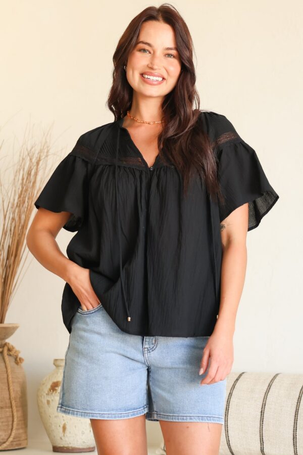 Eveta Blouse - Split Collar Delicate Lace Detailed Button Down with Short Sleeves in Black