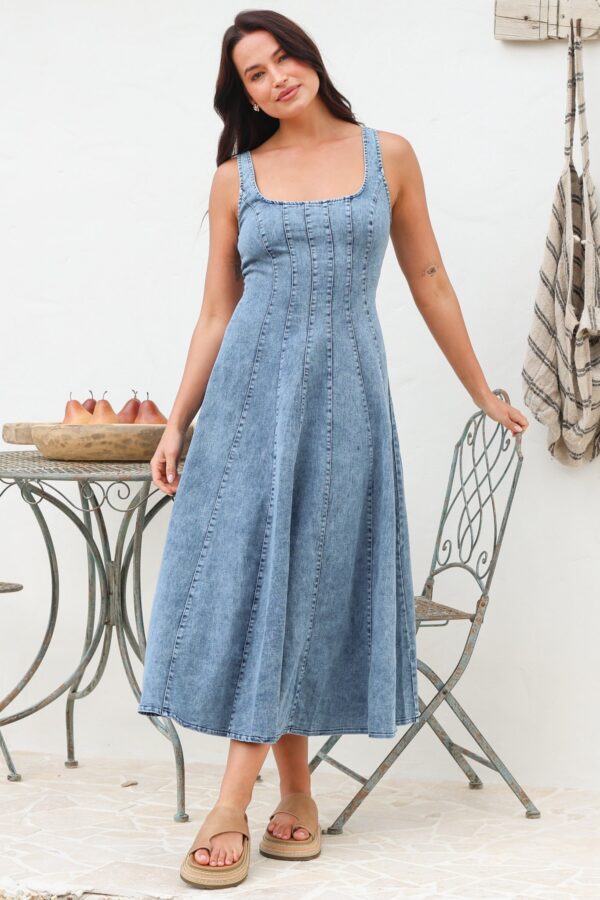 Jadely Midi Dress - Adjustable Strap A-Line Denim Sun Dress in Light Denim