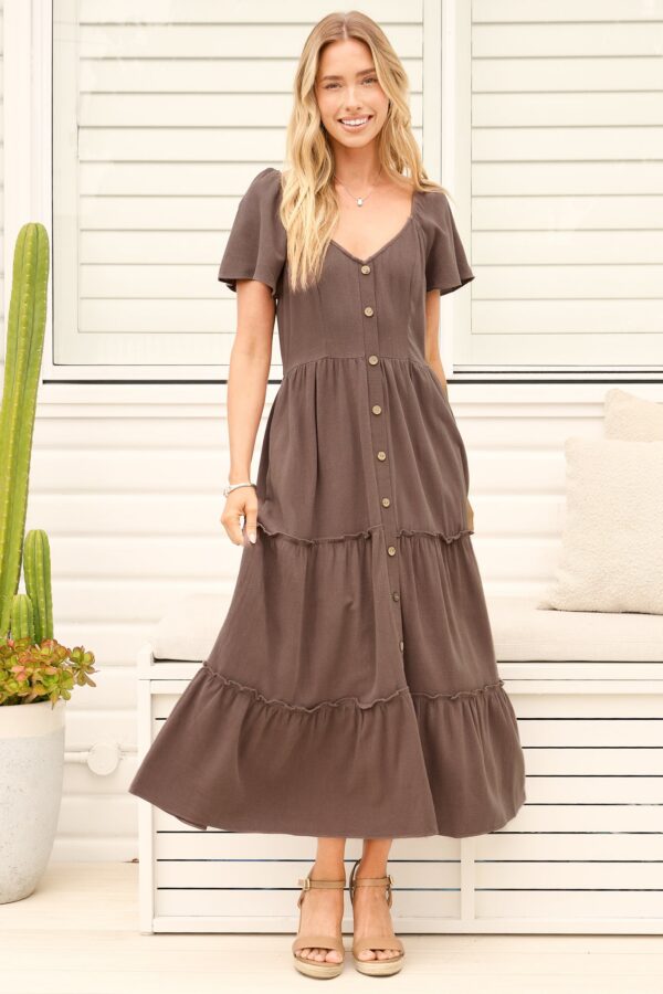 Karina Midi Dress - Button Down Cap Sleeve Tiered Dress in Brown