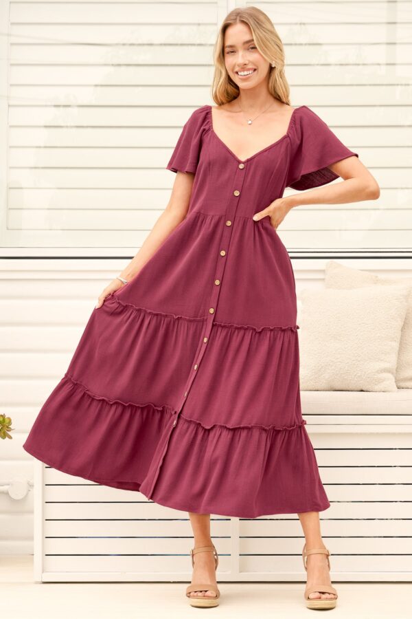 Karina Midi Dress - Button Down Cap Sleeve Tiered Dress in Wine