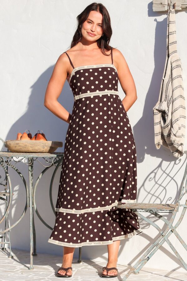 Novalie Midi Dress - Spaghetti Strap Sun Dress with Lace Splicing and Pockets in Polka Chocolate