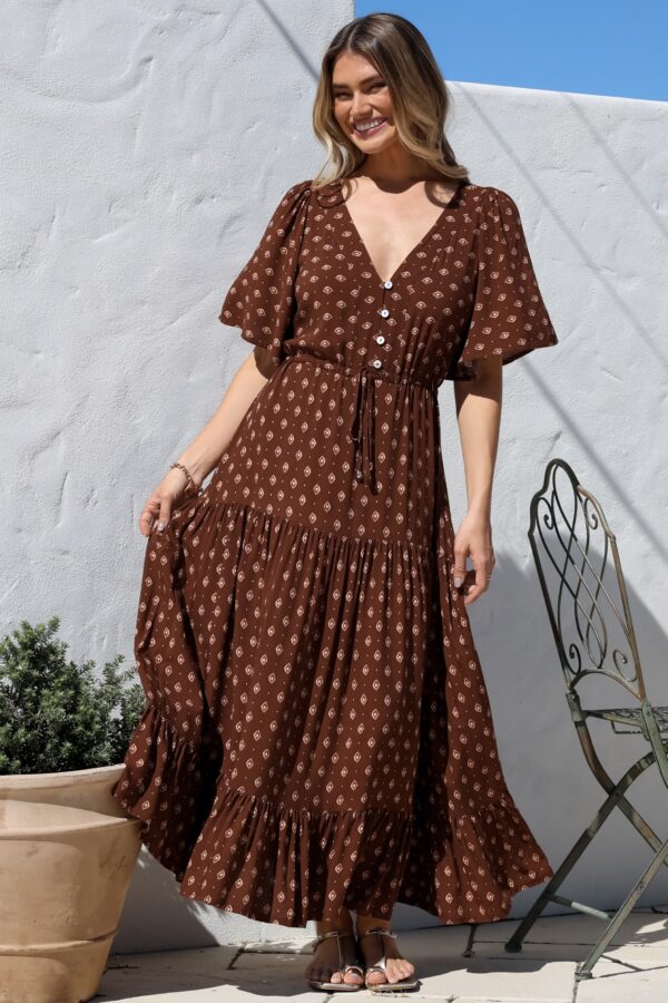 Tassia Maxi Dress - Buttoned Bodice Pull Tie Waist Dress in Kendy Print