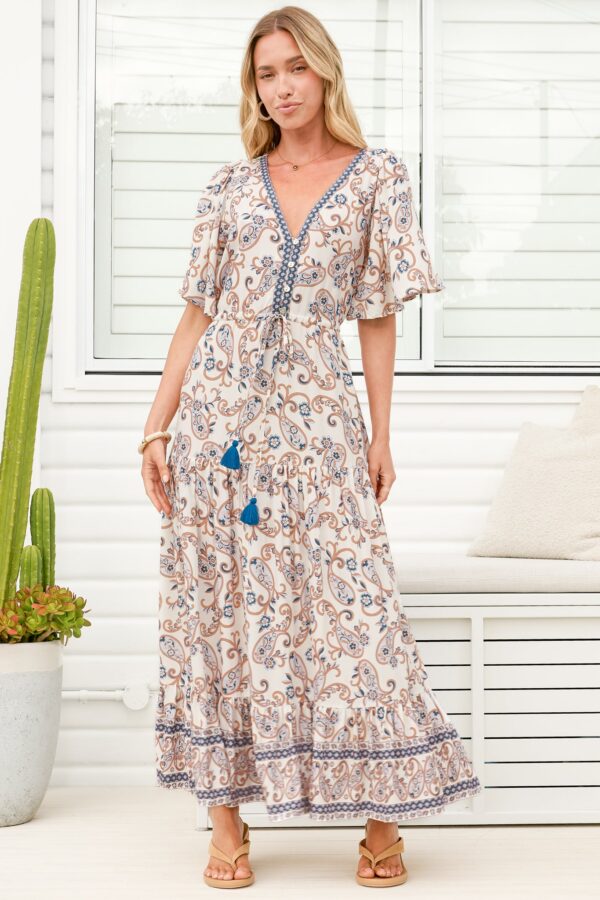 Tassia Maxi Dress - Buttoned Bodice Pull Tie Waist Dress in Soph Print