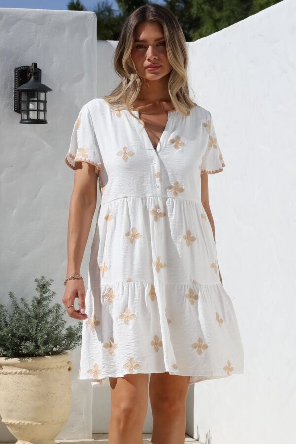 Wilma Mini Dress - Bermuda Collar Button Down Dress with Cap Sleeves in Gigi Print White