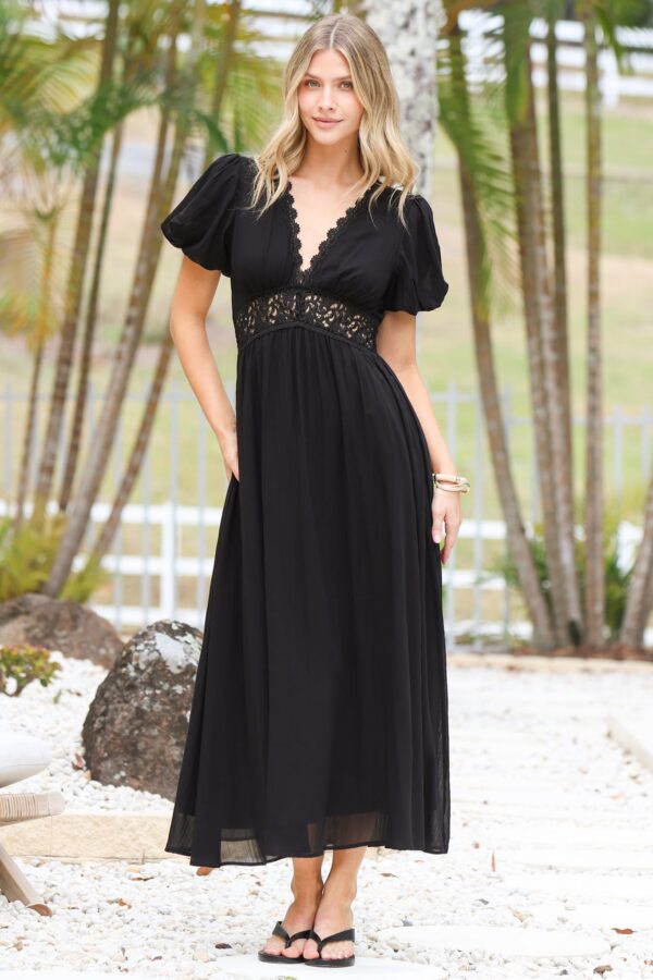 Alexis Midi Dress – Lace Trim V-Neck A-Line Dress with Pockets in Black