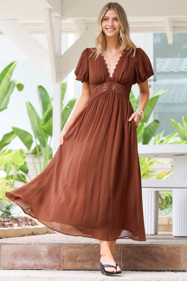Alexis Midi Dress – Lace Trim V-Neck A-Line Dress with Pockets in Rust