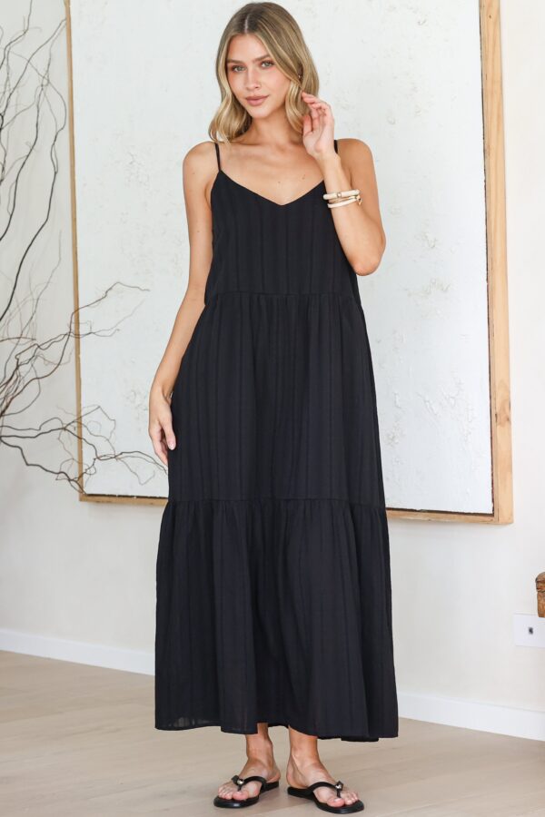 Alora Midi Dress - Textured V Neck Tiered Dress with Adjustable Straps in in Black
