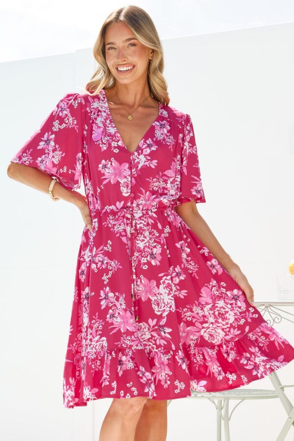 Arabella Mini Dress - V Neck Button-Front Dress with Adjustable Tie Waist in Kimberly Print Pink