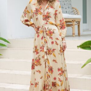 Arlete Maxi Dress – Drawstring Waist Shirt Dress with 3/4 Sleeves in Mirjana Print Cream
