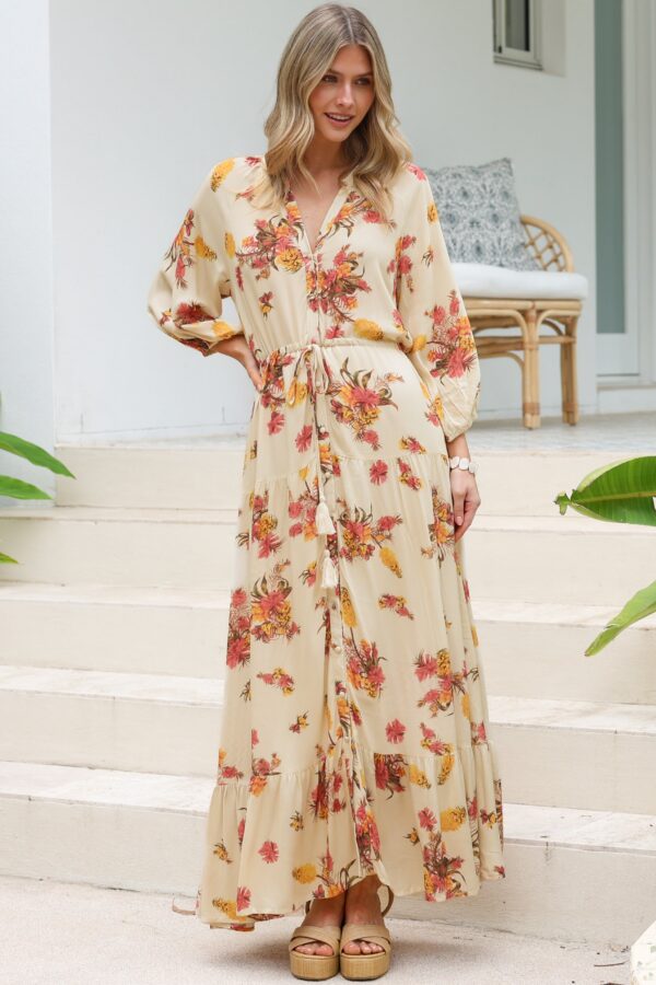 Arlete Maxi Dress - Drawstring Waist Shirt Dress with 3/4 Sleeves in Mirjana Print Cream
