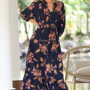 Arlete Maxi Dress – Drawstring Waist Shirt Dress with 3/4 Sleeves in Mirjana Print Navy