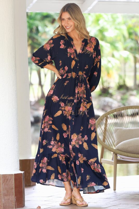 Dark floral long-sleeve maxi dress – Christmas in July party outfit