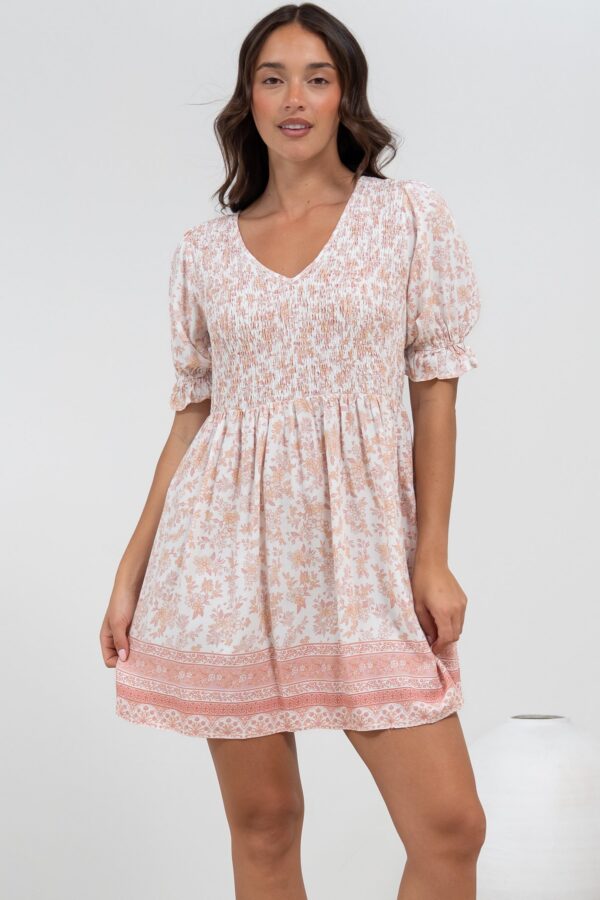 Brissa Mini Dress - V-Neck Shirred Bodice Balloon Sleeve Dress in Narelle Print