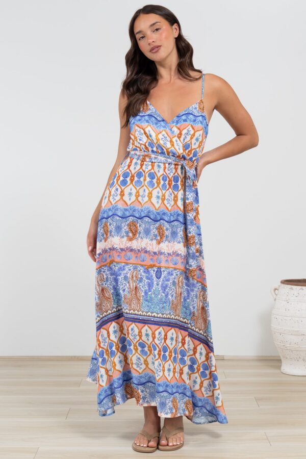Judy Maxi Dress - Cross Bodice Sun Dress with Matching Belt in Belly Print