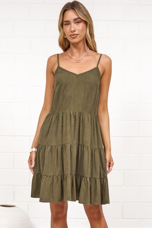 Kaisa Mini Dress - Tiered Sun Dress with Adjustable Straps in Khaki