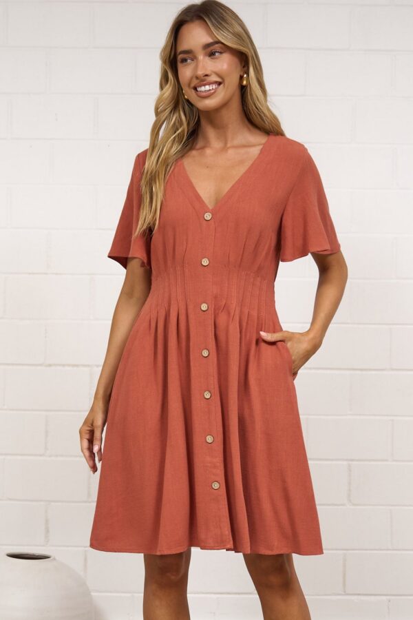 Karin Mini Dress - V Neck Flutter Sleeve Mini with Decorative Front Button Placket in Rust
