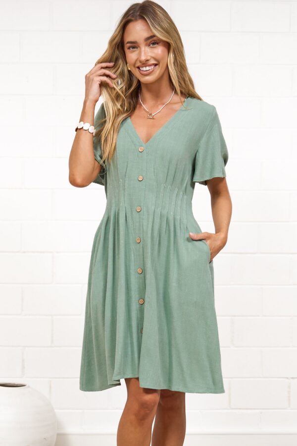 Karin Mini Dress - V Neck Flutter Sleeve Mini with Decorative Front Button Placket in Sage