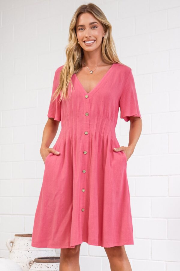 Karin Mini Dress - V Neck Flutter Sleeve Mini with Decorative Front Button Placket in Pink