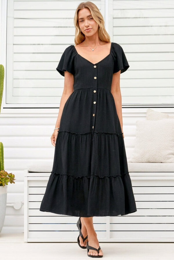 Karina Midi Dress - Button Down Cap Sleeve Tiered Dress in Black