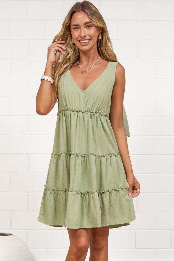 Lacy Mini Dress - Tie on Shoulder Strap Frill Splicing Tiered Sun Dress in Sage